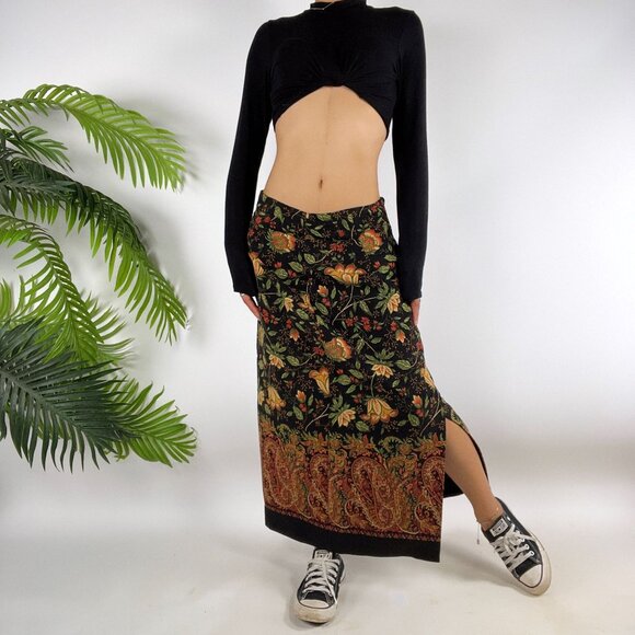 Vintage 90s Black Floral Paisley Cottagecore Fairy Grunge Boho Midi Skirt / 12 - Picture 3 of 6